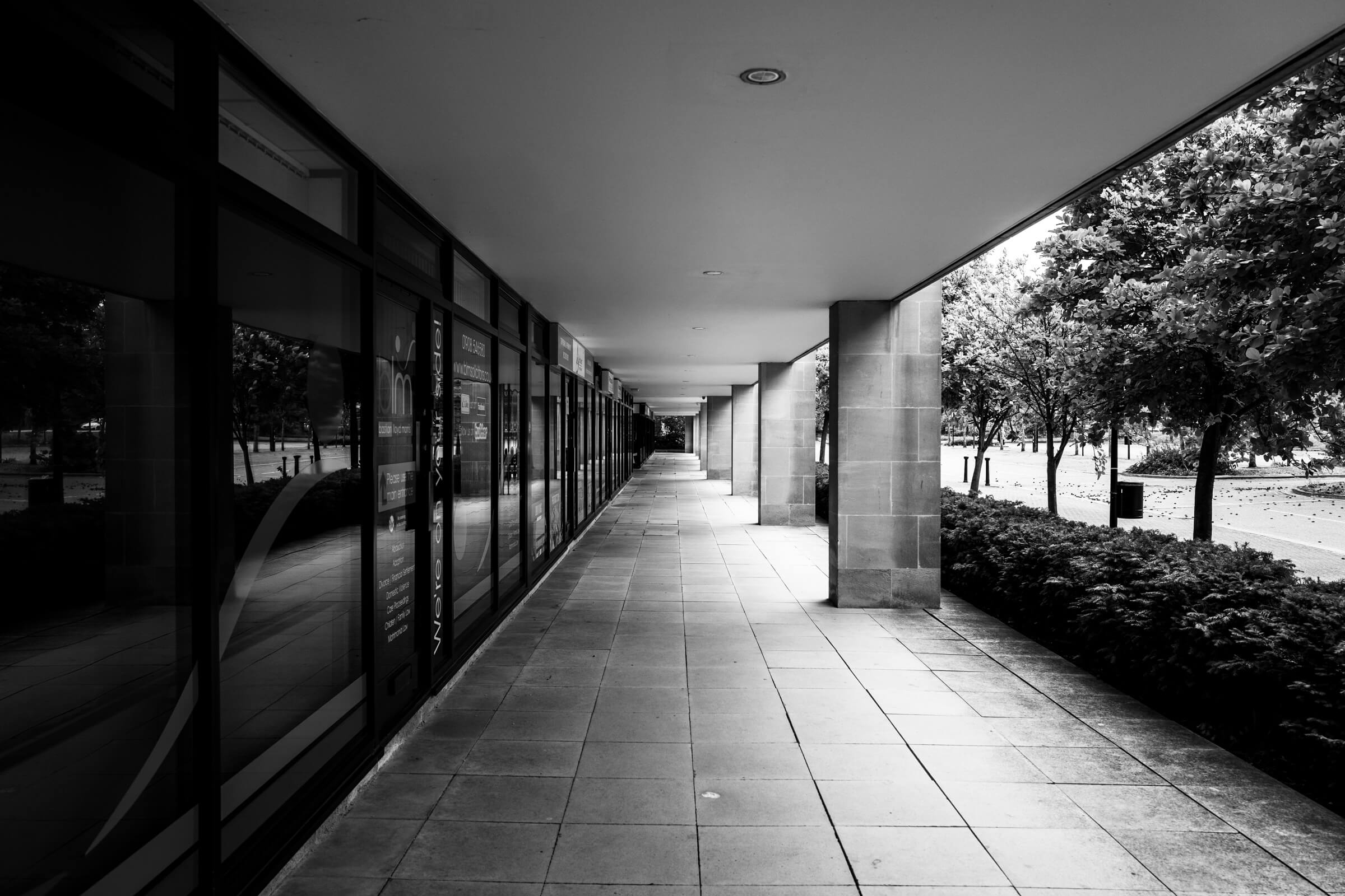 Empty walkways under the offices