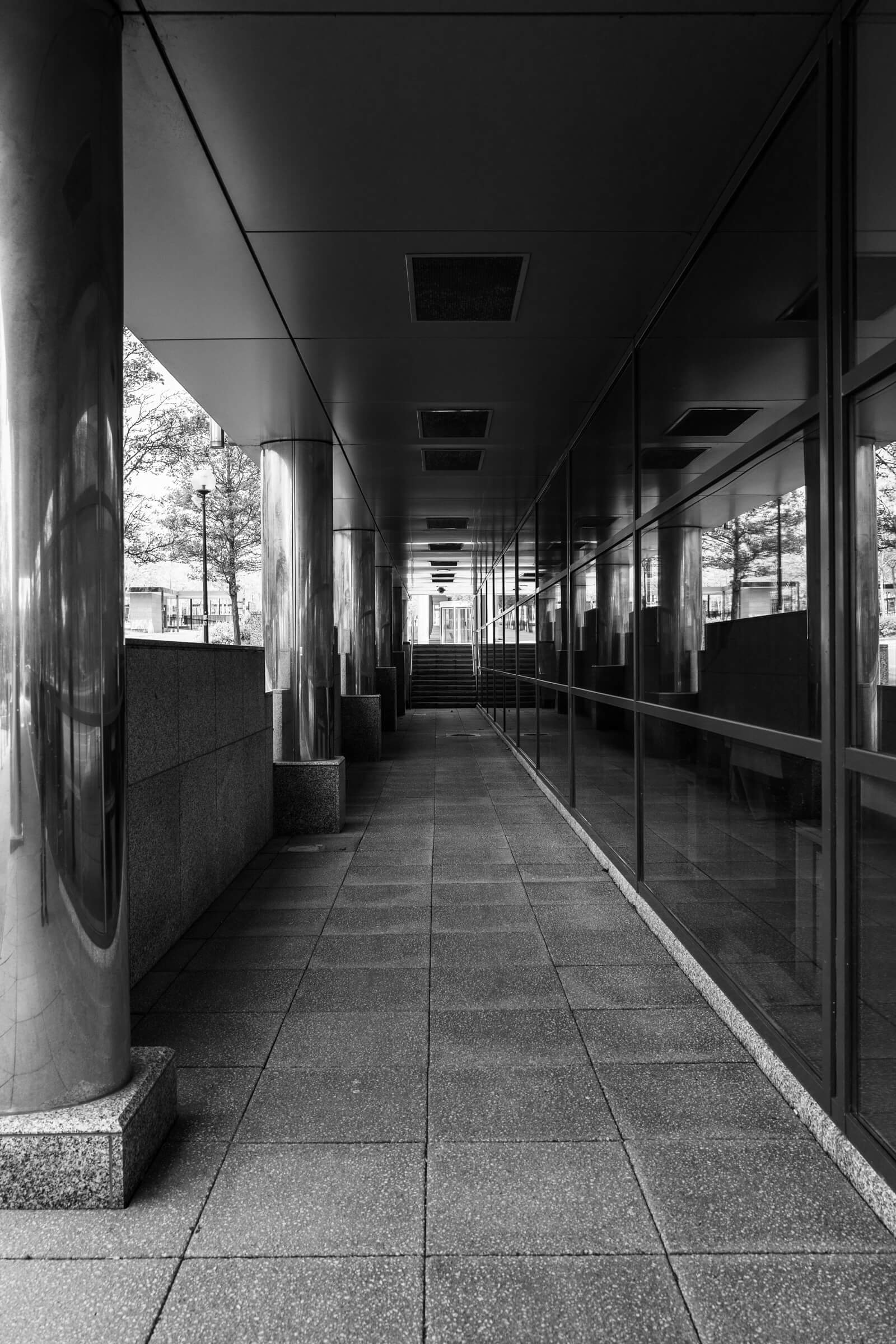 Empty walkways under the offices