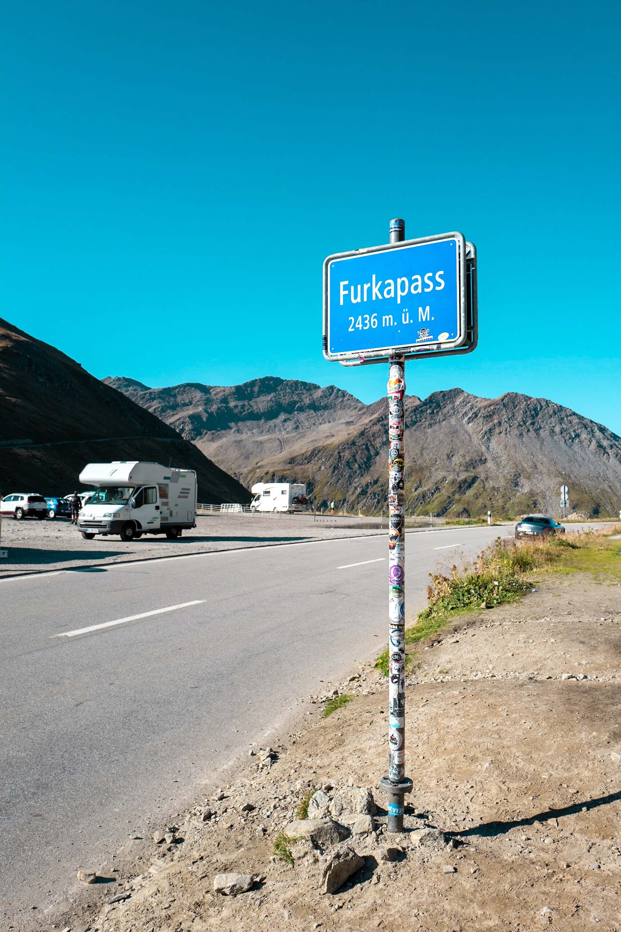 Furka Pass road sign with altitude