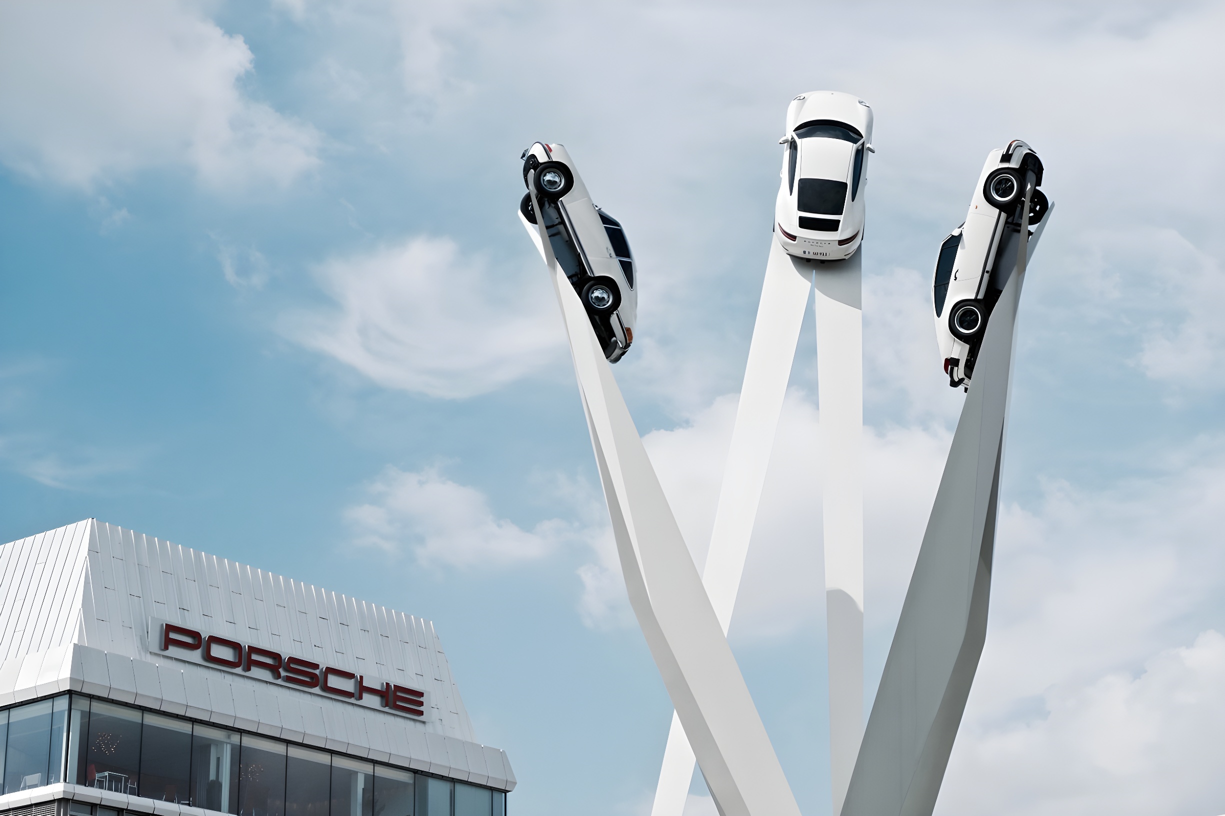 Three pillars, each crowned with a Porsche 911 a - sculpture on the Porscheplatz by Gerry Judah